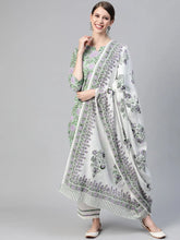 Women Cotton Green Ethnic Motifs Printed Straight Kurta Pant Dupatta Set 1